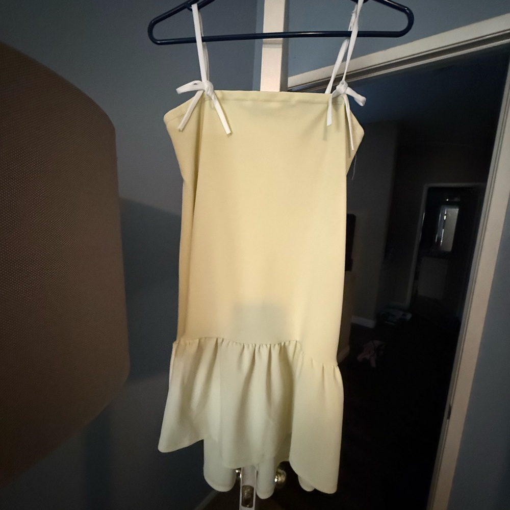 Persaya Pale Yellow Tie-Shoulder Ruffle-Hem Mini Dress